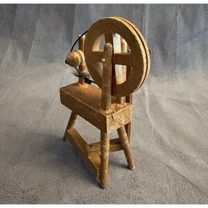 Vintage Mini Wooden Spinning‎ Sewing Yarn Wheel Replica 4" Dollhouse